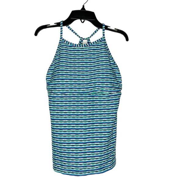 Athleta Striped High Neck Tankini Swim Top Strappy Crisscross Back Active Blue - Picture 3 of 6